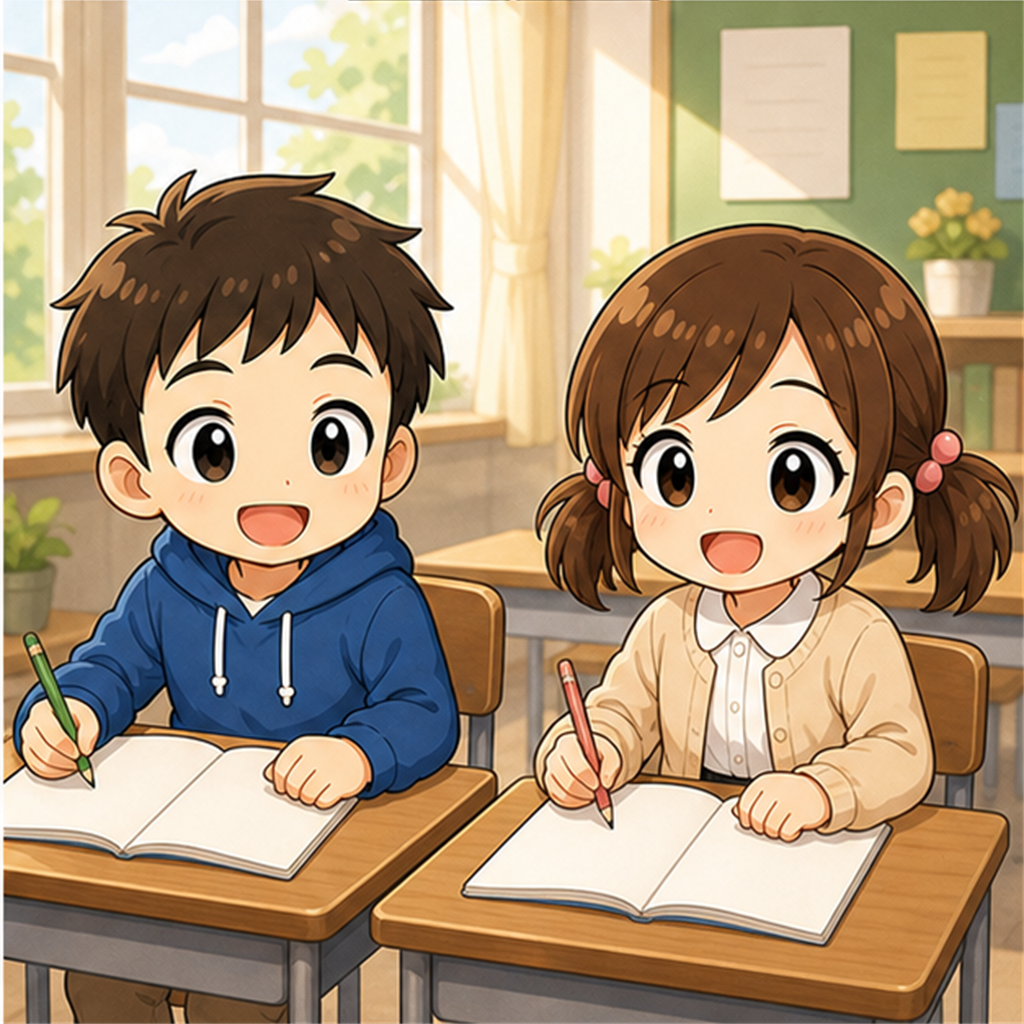 明るく学習する二人の児童