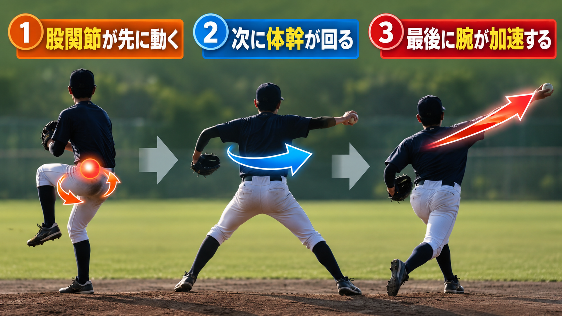 股関節が先に動く・次に体幹が回る・最後に腕が加速する