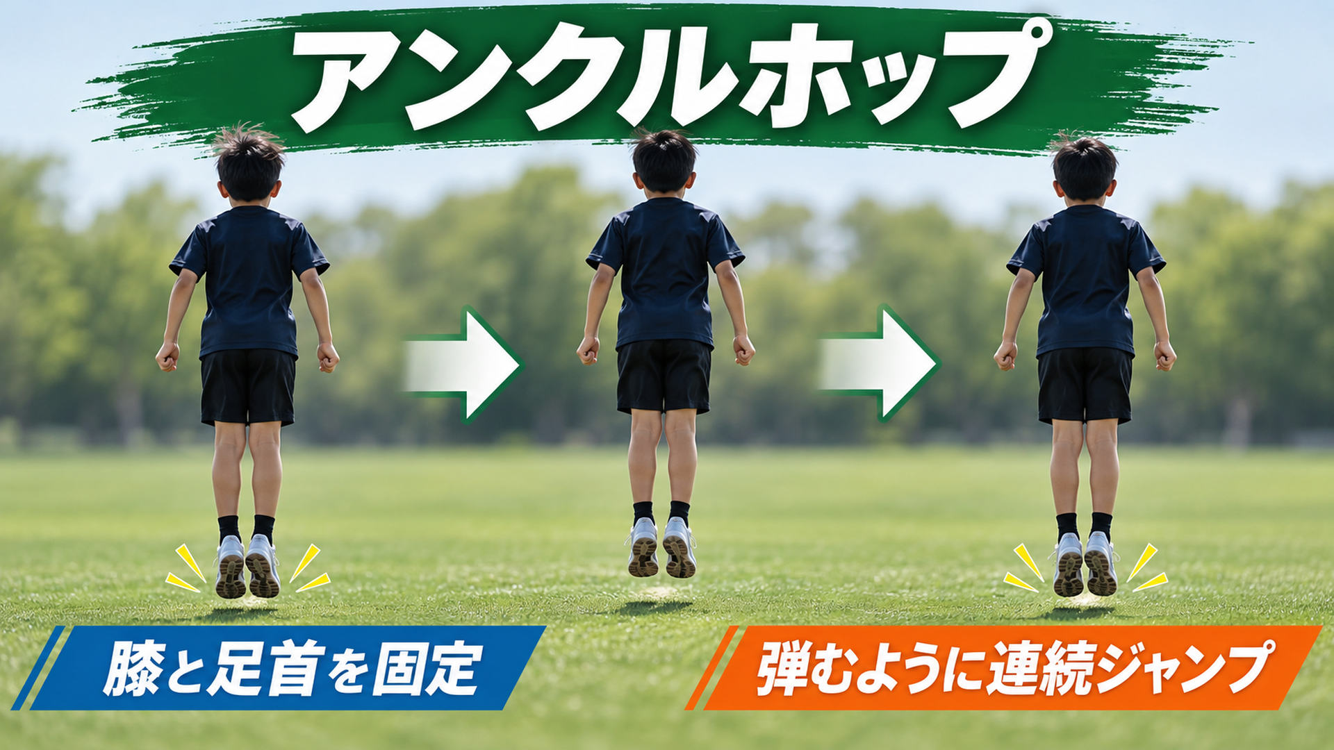 アンクルホップ・膝と足首を固定・弾むように連続ジャンプ