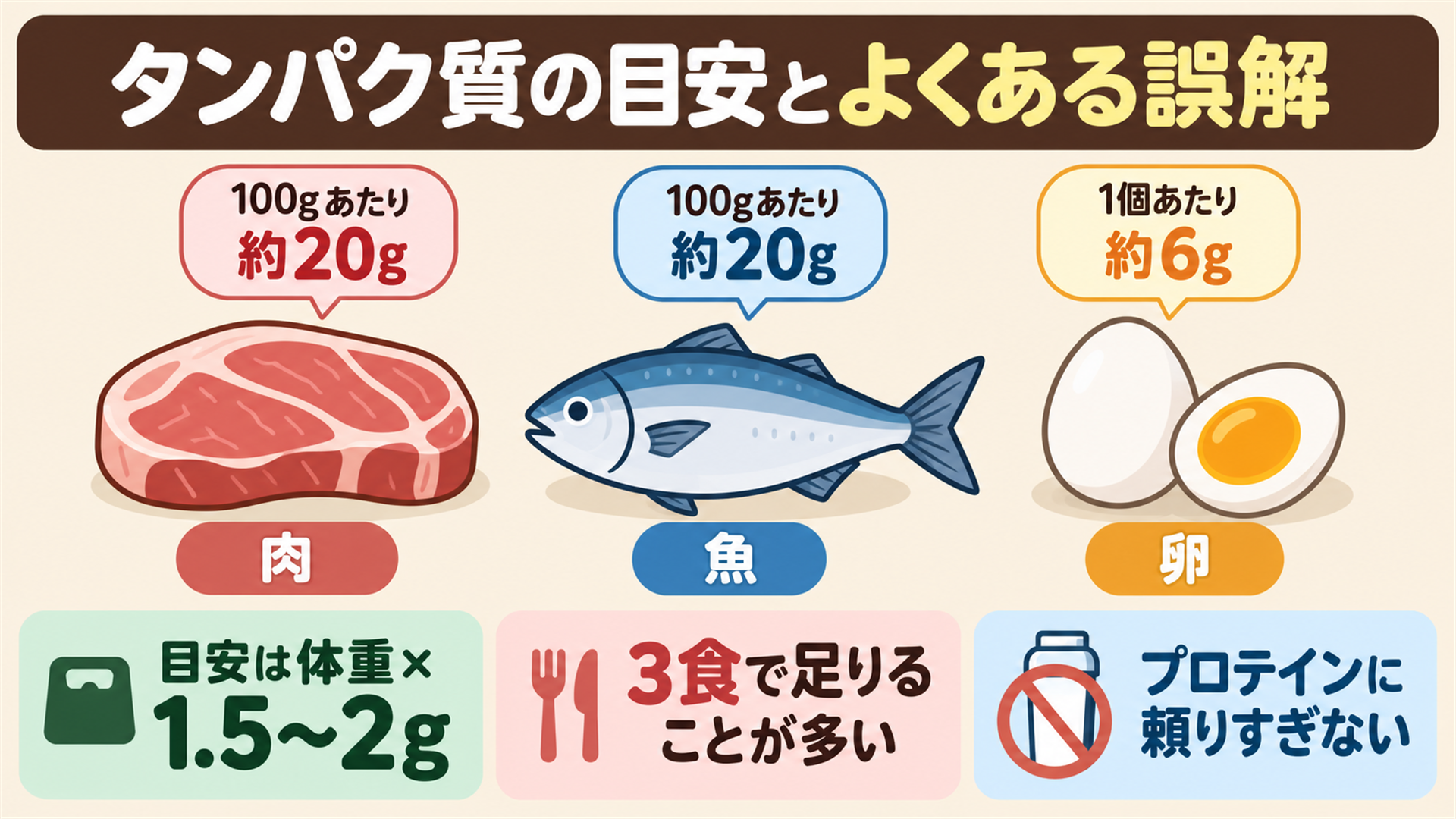 タンパク質の目安は体重×1.5〜2gで3食で足りることが多いことを示す図