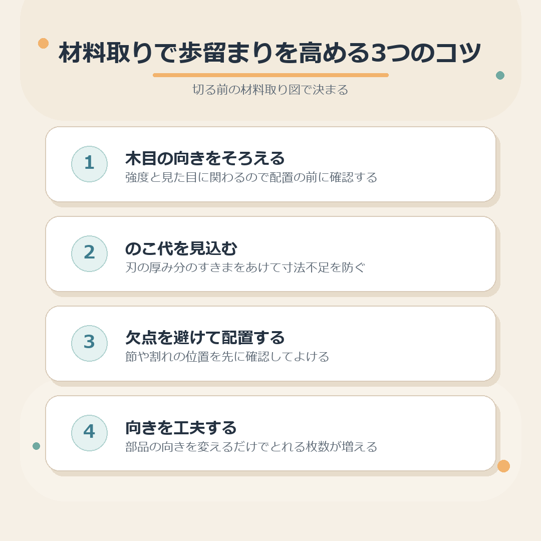 材料取りで歩留まりを高める3つのコツのまとめ図