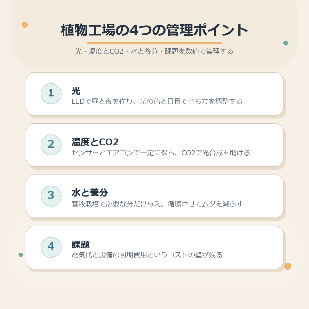 植物工場の光・温度CO2・水養分・課題をまとめた図解