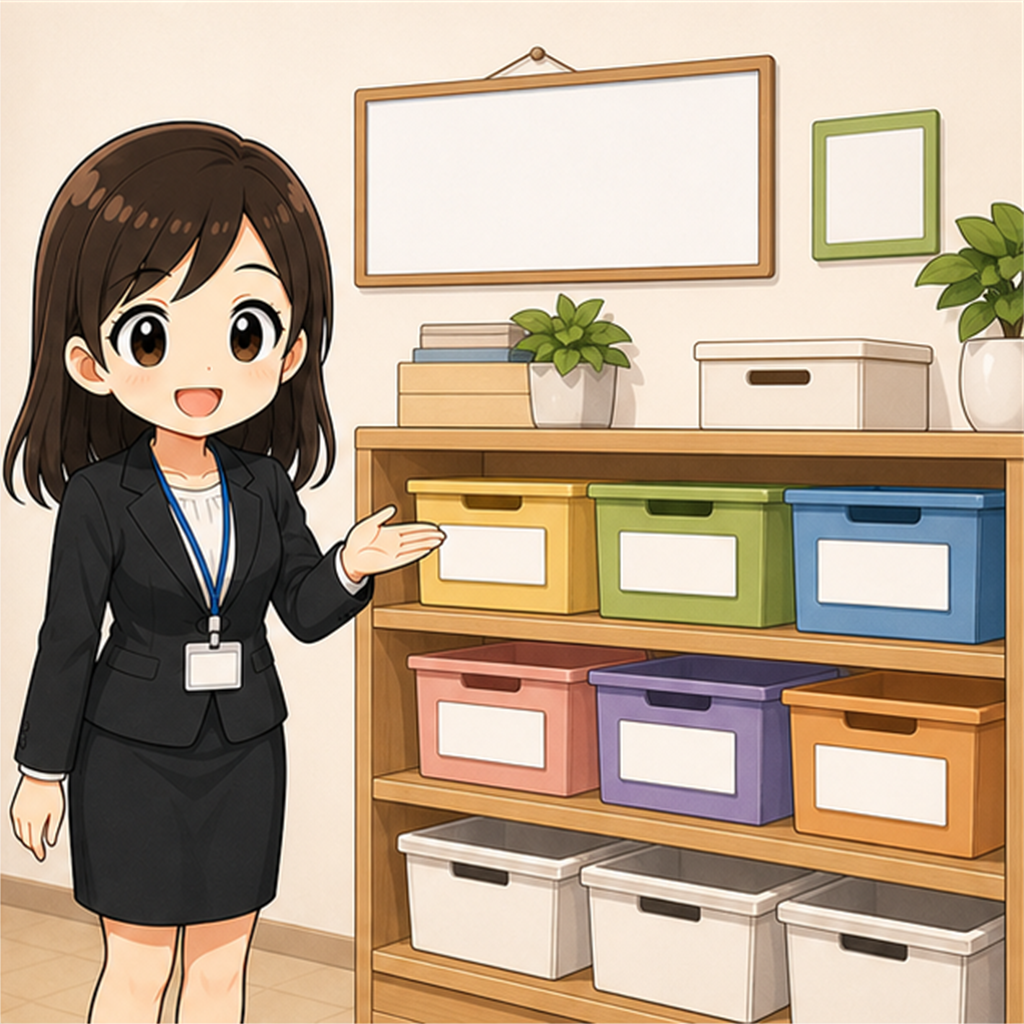 先生がロッカーの置き場所を整理して案内している場面