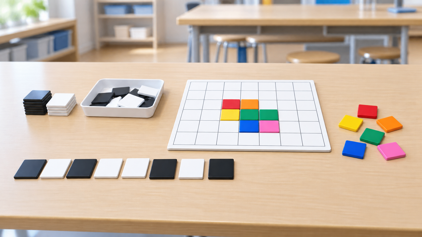 文字を番号の書かれたカードに置きかえて対応を確かめている授業の場面