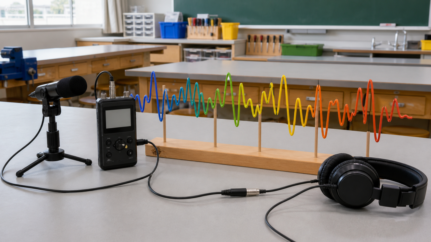 録音機材と音の波形を見ている授業の場面