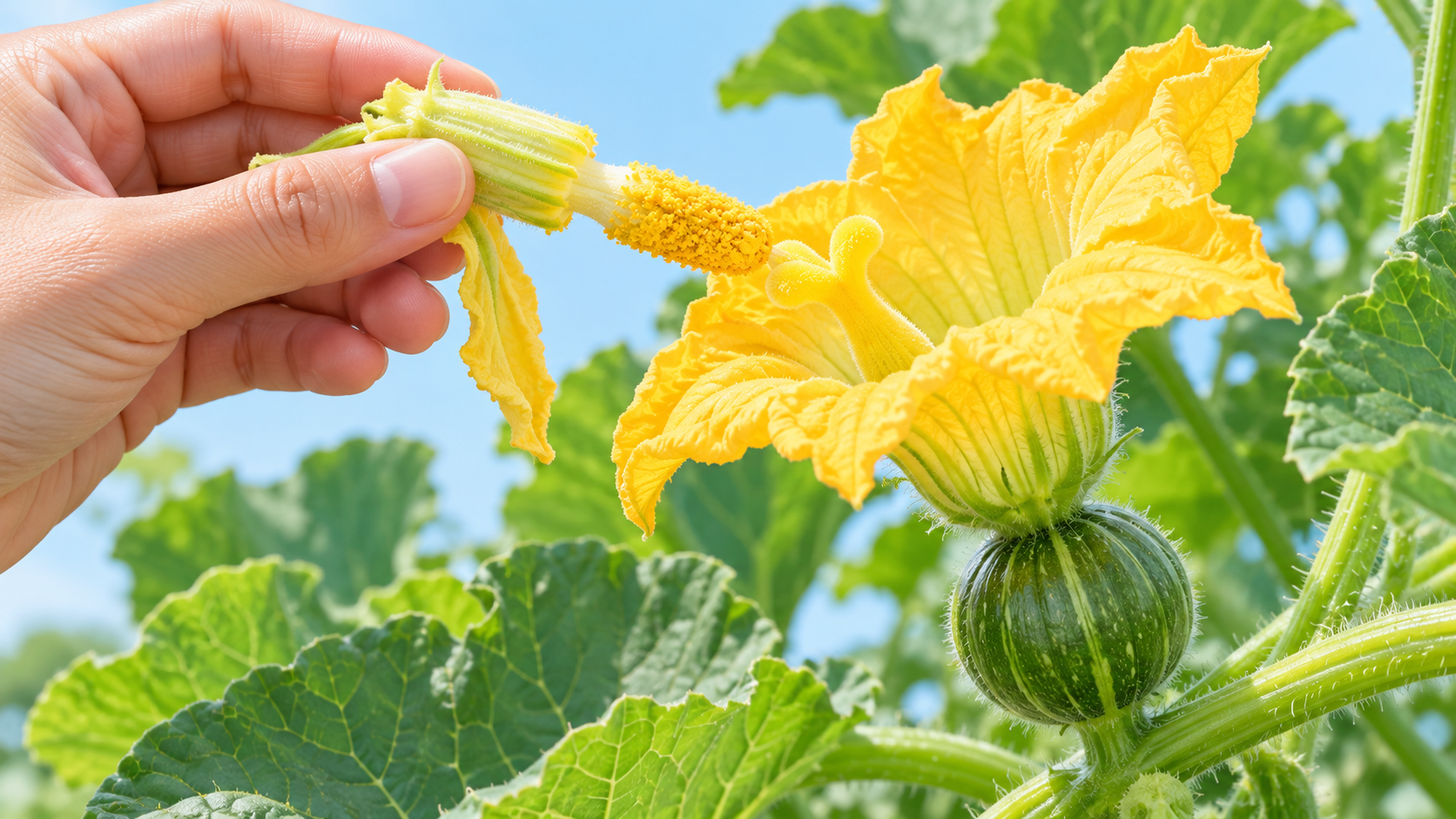綿棒を使って花粉をめしべにつける人工授粉の手元