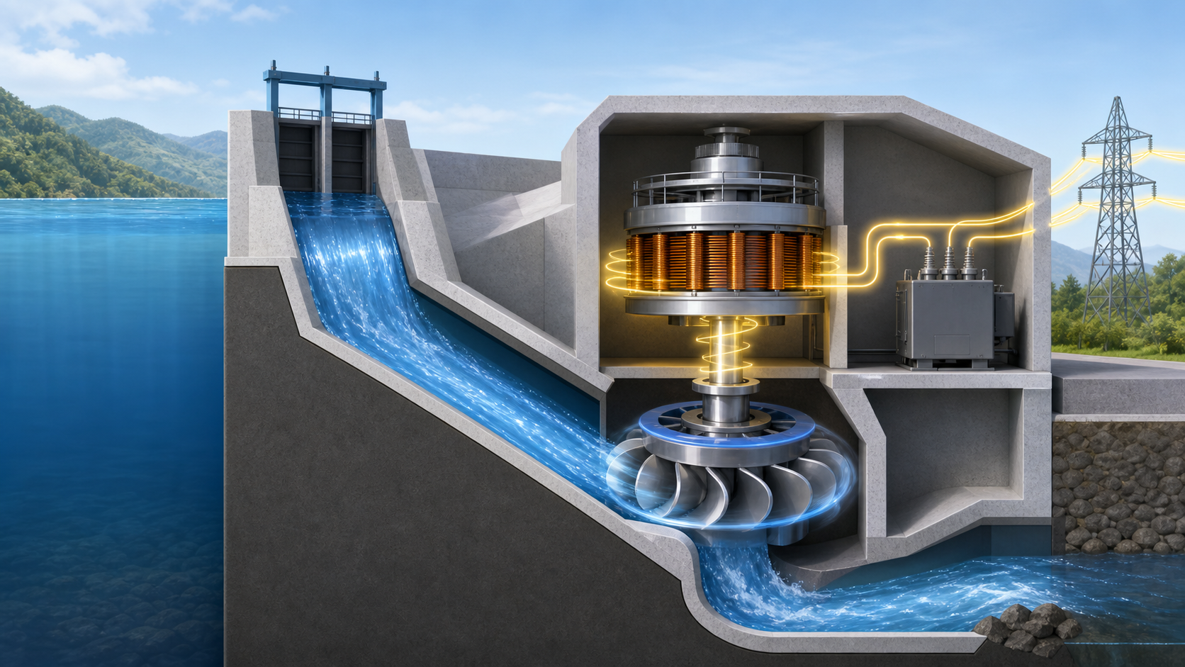 水力発電で水がタービンを回して電気に変わるようすのイラスト