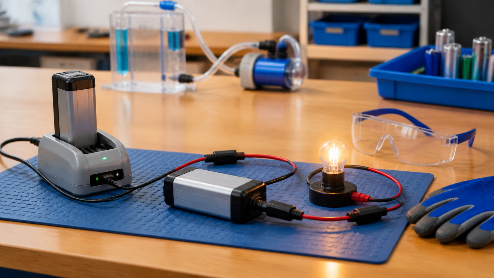 電池を充電して豆電球が点灯するか確かめる実験の場面