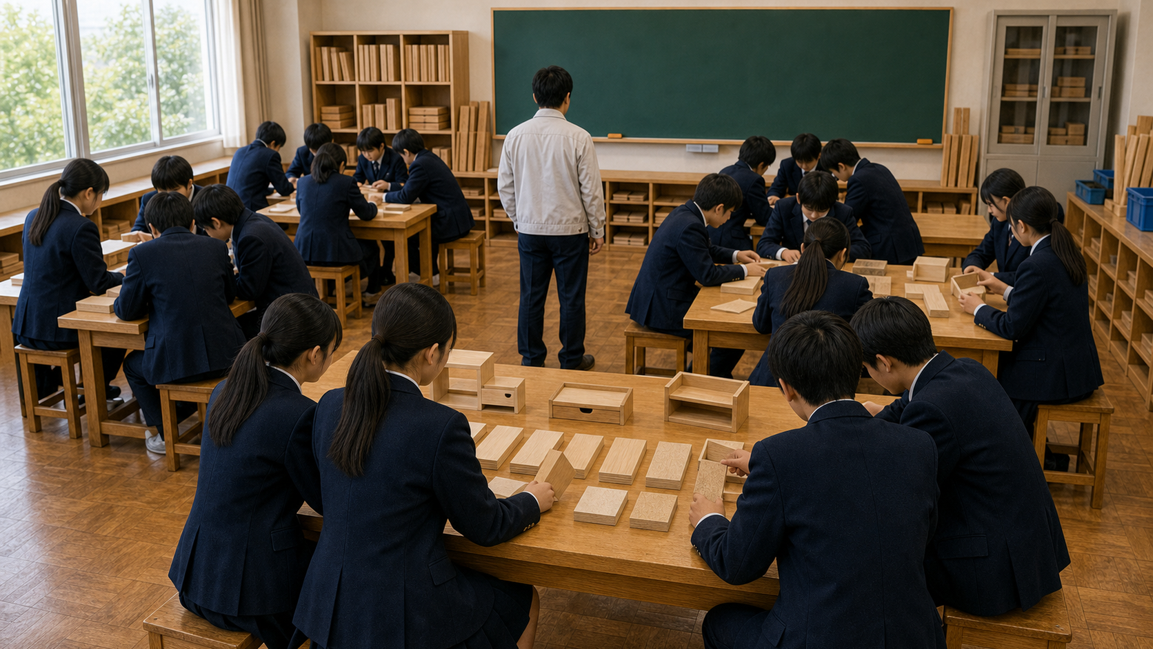 班で作る物に合う材料を選んでいる木工室の場面