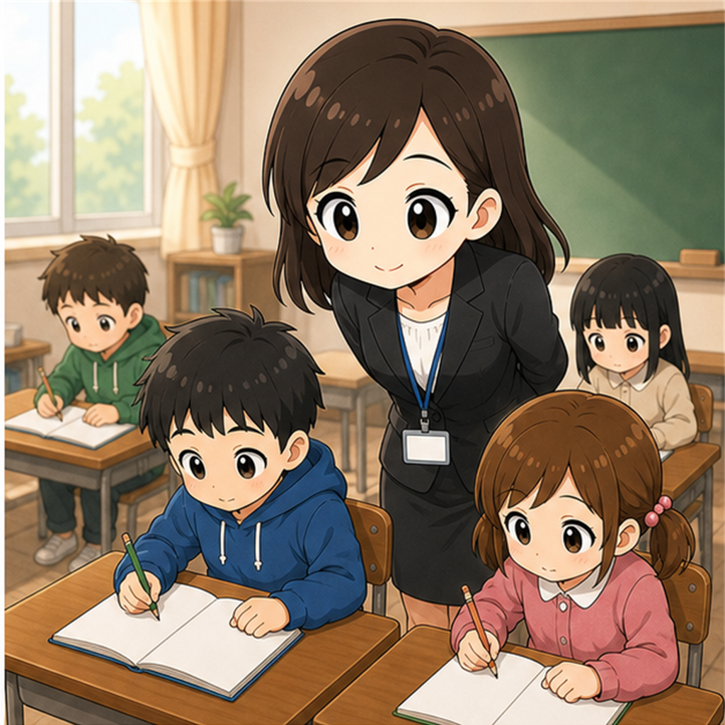先生が教室を回って子どもたちの机の様子を見守っている場面