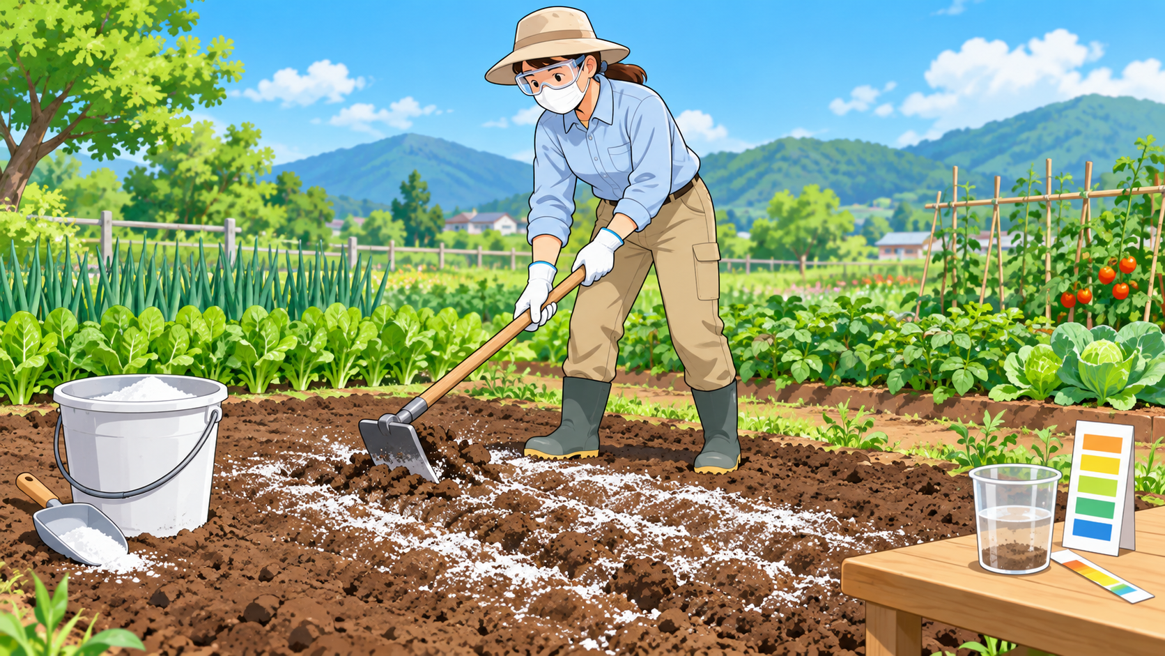 石灰をまいて酸度を整える場面
