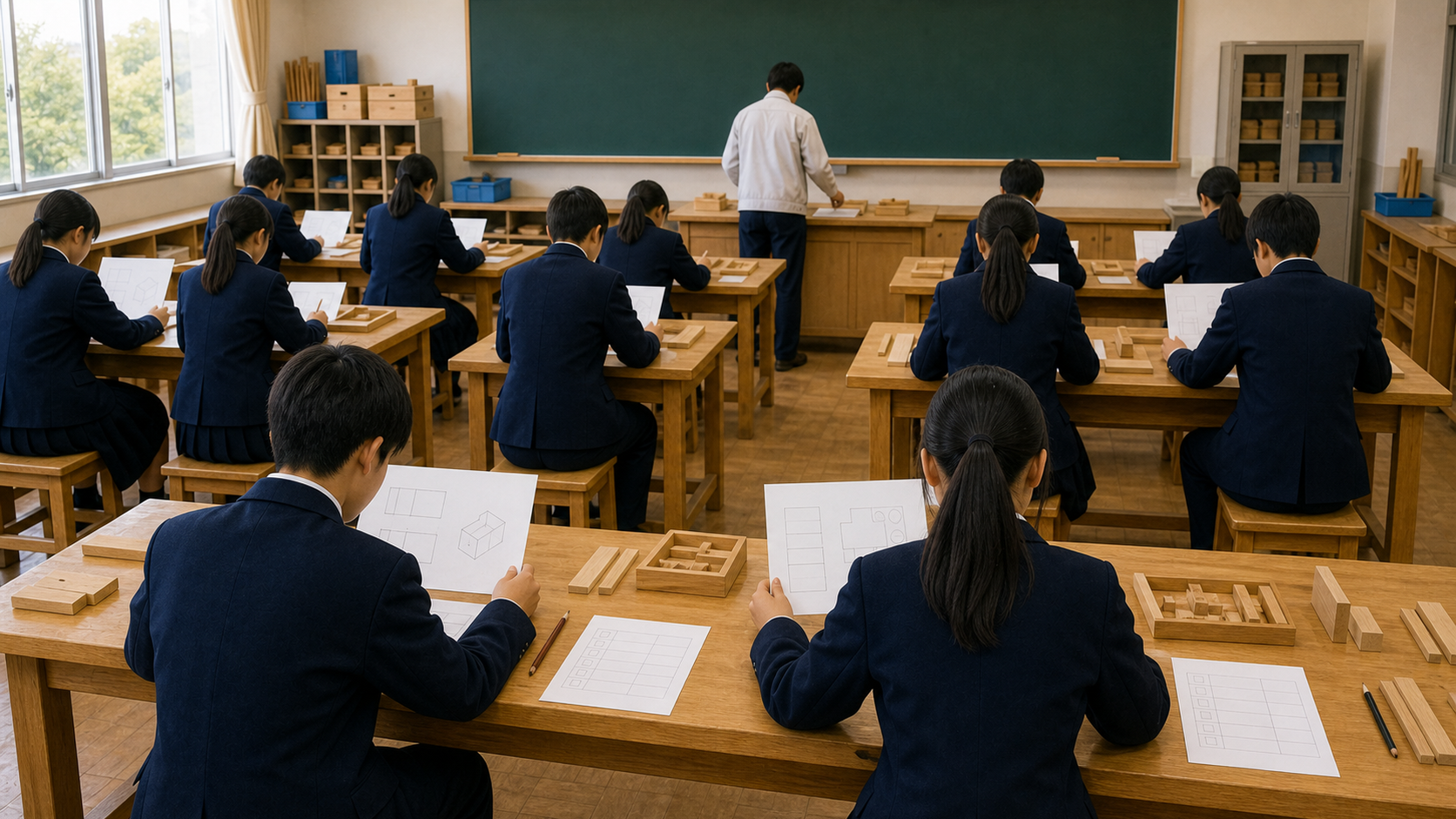 作業を始める前に班で計画を確かめている教室の場面