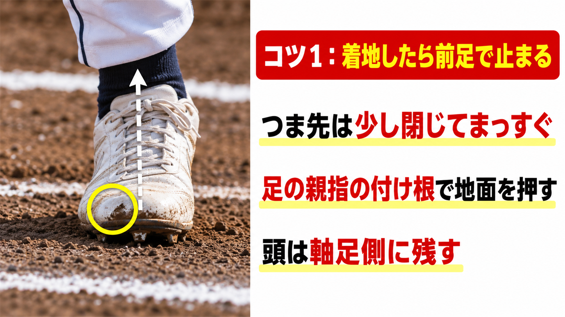 コツ1:着地したら前足で止まる