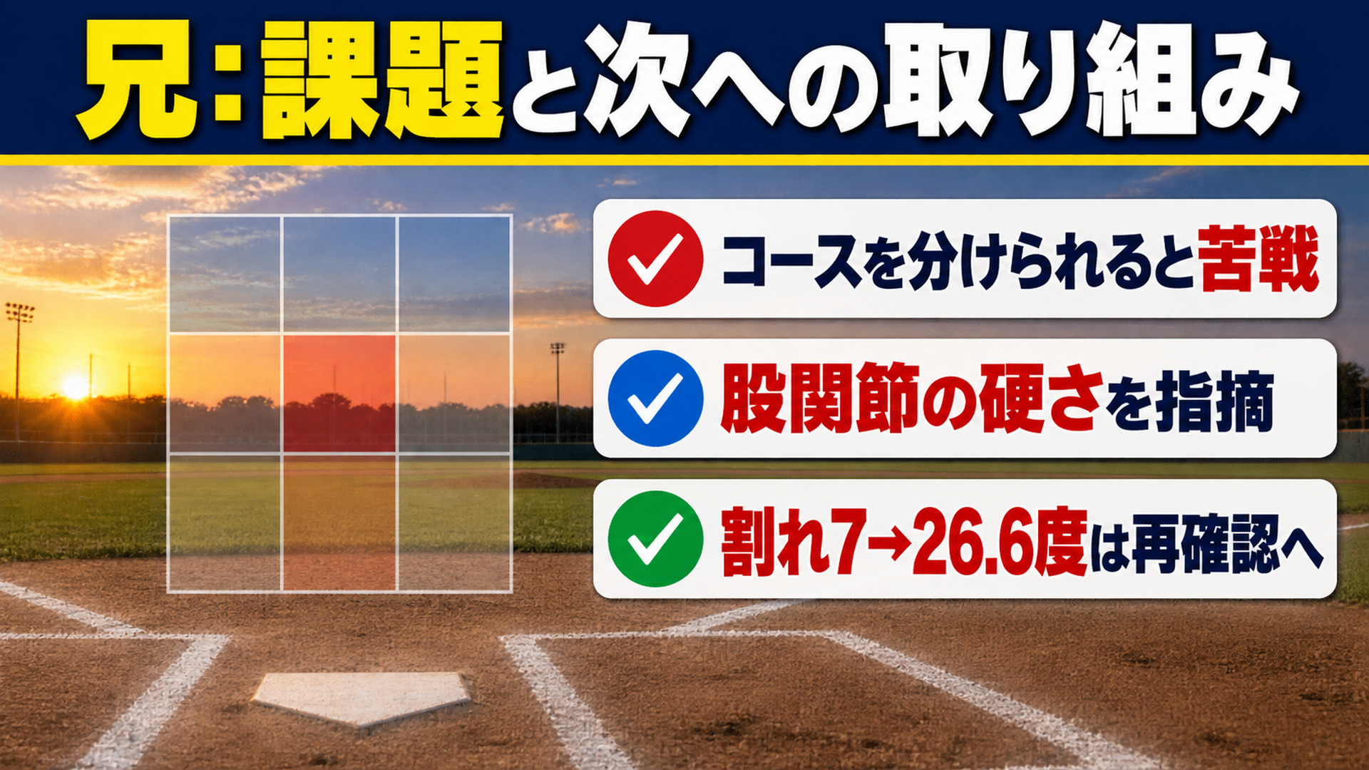 兄の課題であるコース別の打撃と股関節の硬さを示すスライド