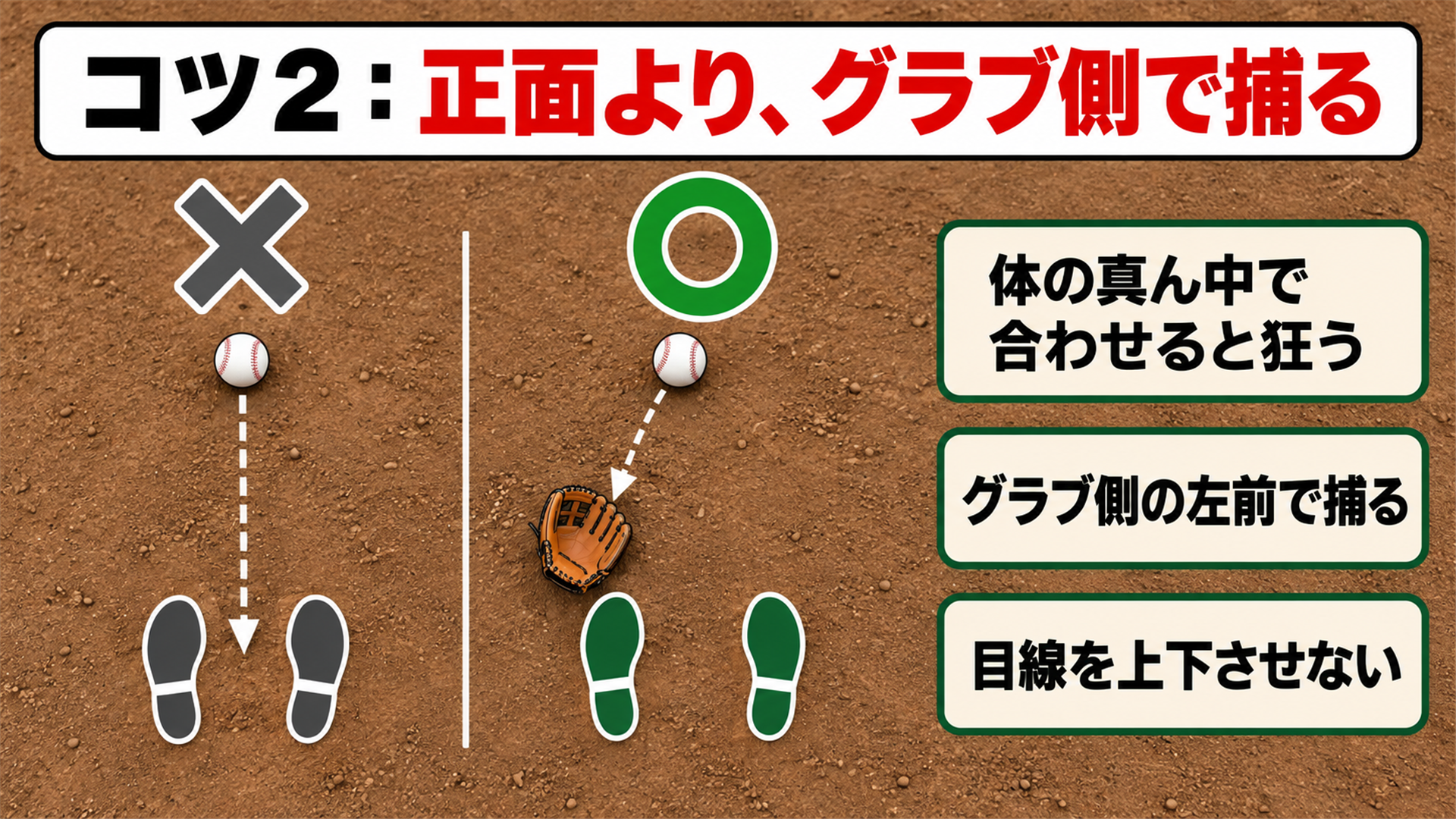 コツ2:正面より、グラブ側で捕る