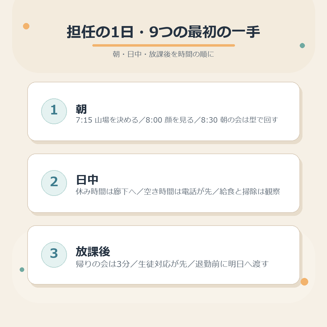 担任の1日を朝・日中・放課後の9つの場面で整理したまとめ図