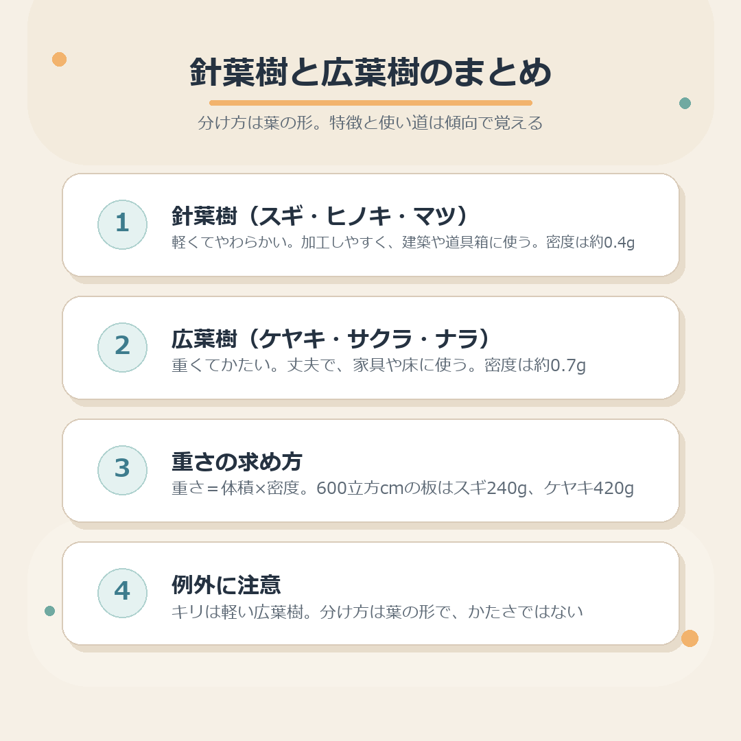 針葉樹と広葉樹の特徴と使い道をまとめた図解