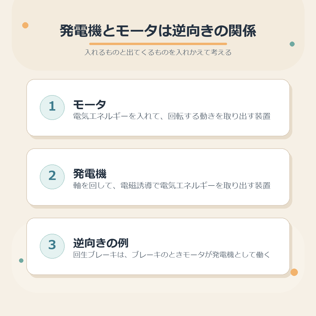 モータと発電機の逆向きの関係をまとめた図解