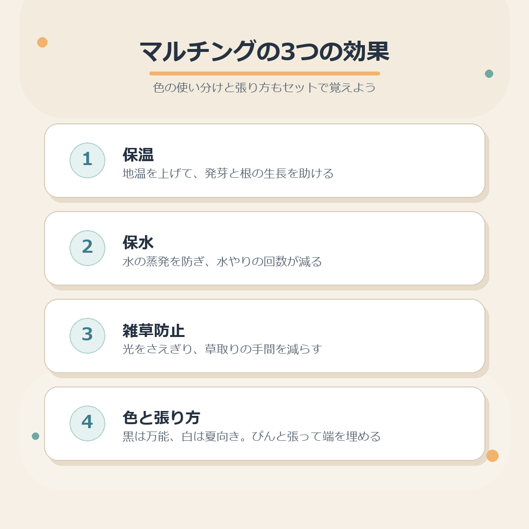 マルチングの三つの効果と色の使い分けをまとめた図