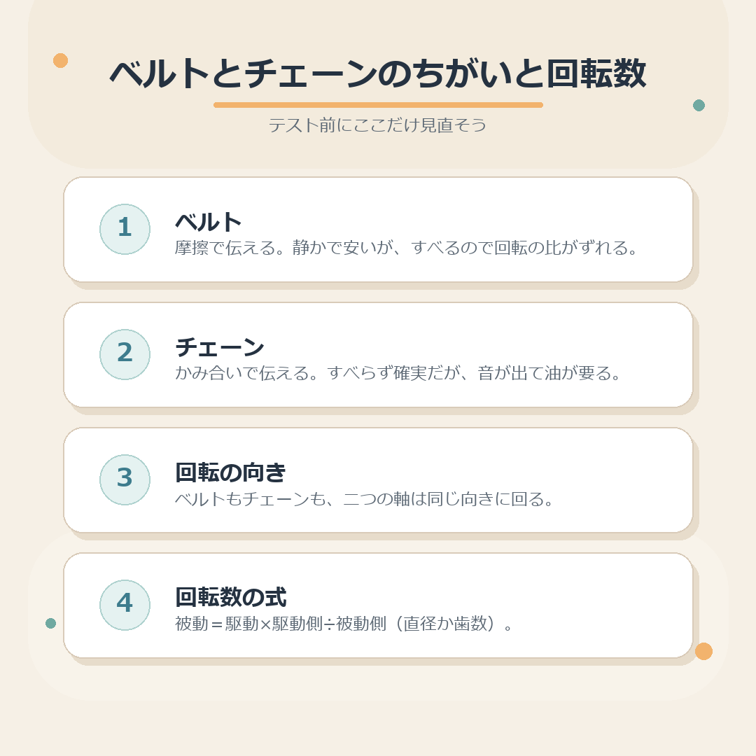 ベルトとチェーンの伝え方・向き・回転数の式をまとめた図