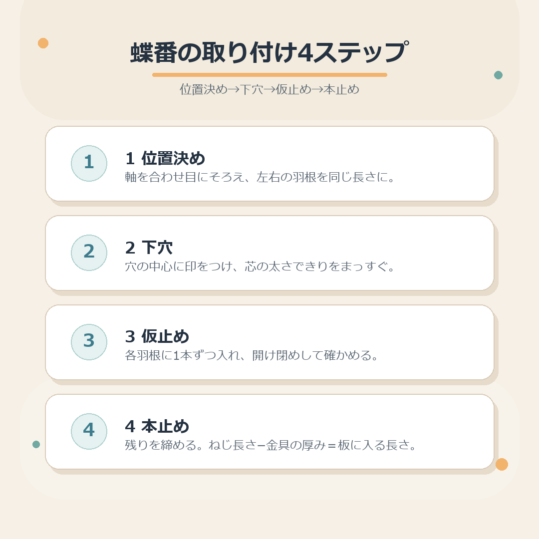 蝶番の取り付け4ステップのまとめ図