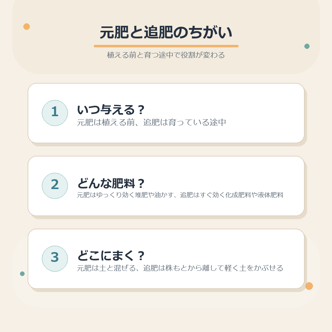 元肥と追肥の時期、肥料、場所のちがいをまとめた図解