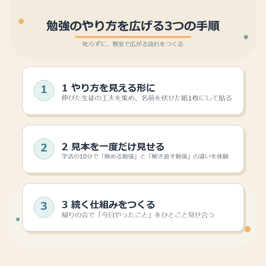 勉強のやり方を広げる3つの手順のまとめ図