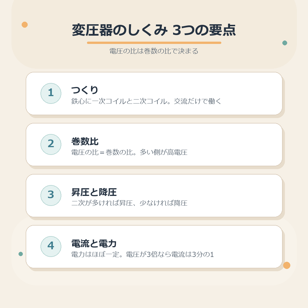 変圧器のしくみと巻数比の計算をまとめた図