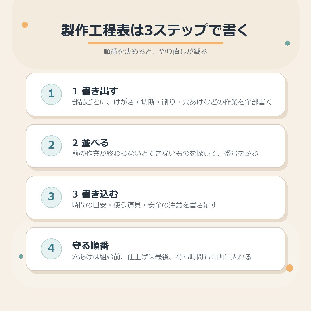 製作工程表を書き出す、並べる、書き込むの3ステップでまとめた図