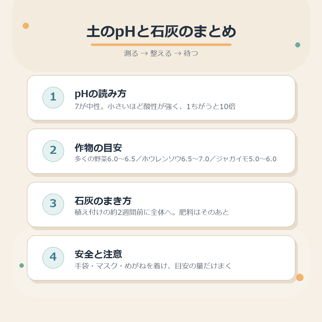土のpHの読み方と石灰のまき方をまとめた図