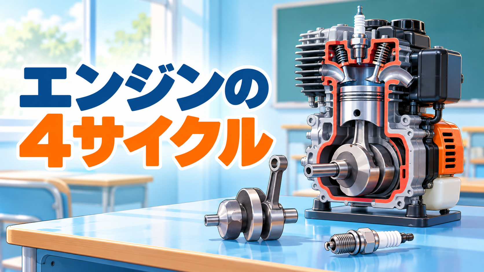【中学技術】エンジンの4サイクル|吸気・圧縮・燃焼・排気の順番と計算