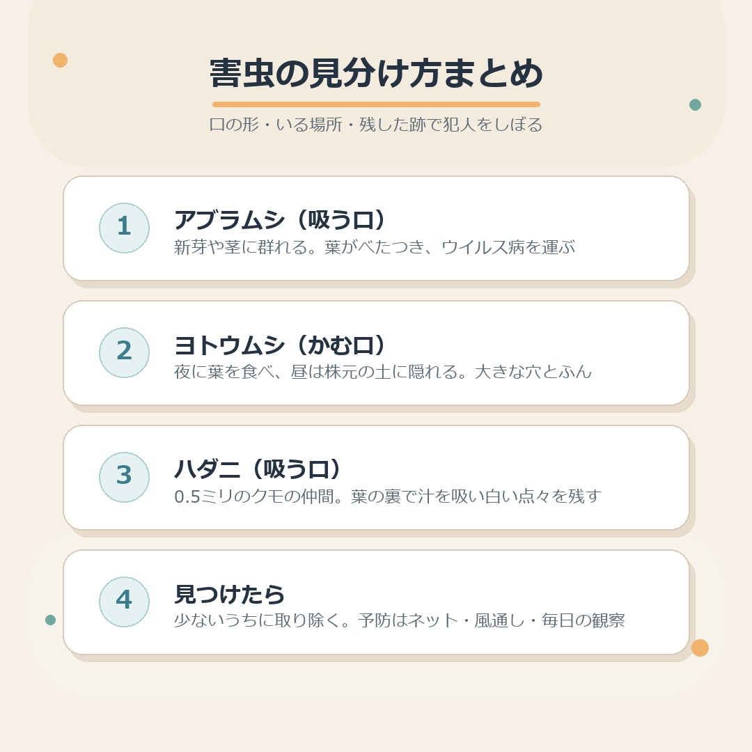 アブラムシ・ヨトウムシ・ハダニの見分け方のまとめ図