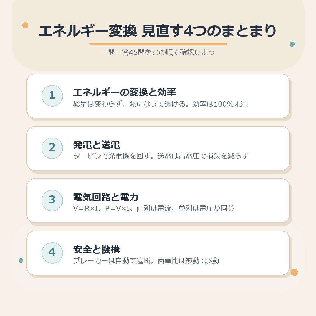 エネルギー変換の一問一答で見直す4つのまとまりのまとめ図