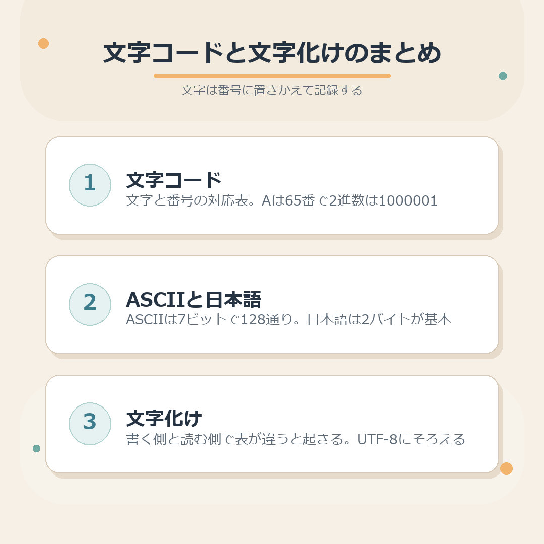 文字コードと文字化けのまとめ図