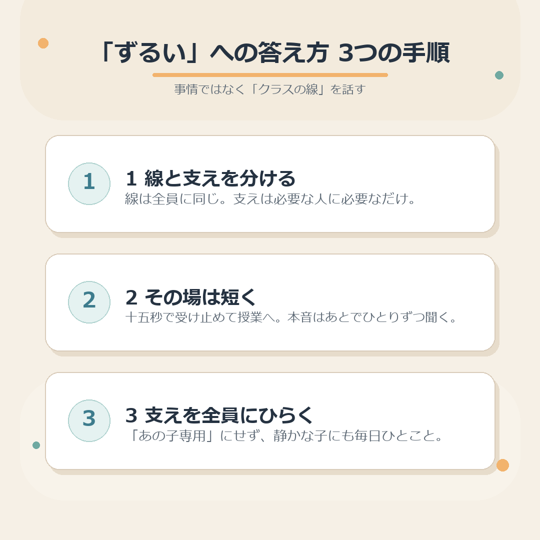 線と支えを分けて話す、その場は短く答える、支えを全員にひらく、の3手順のまとめ図