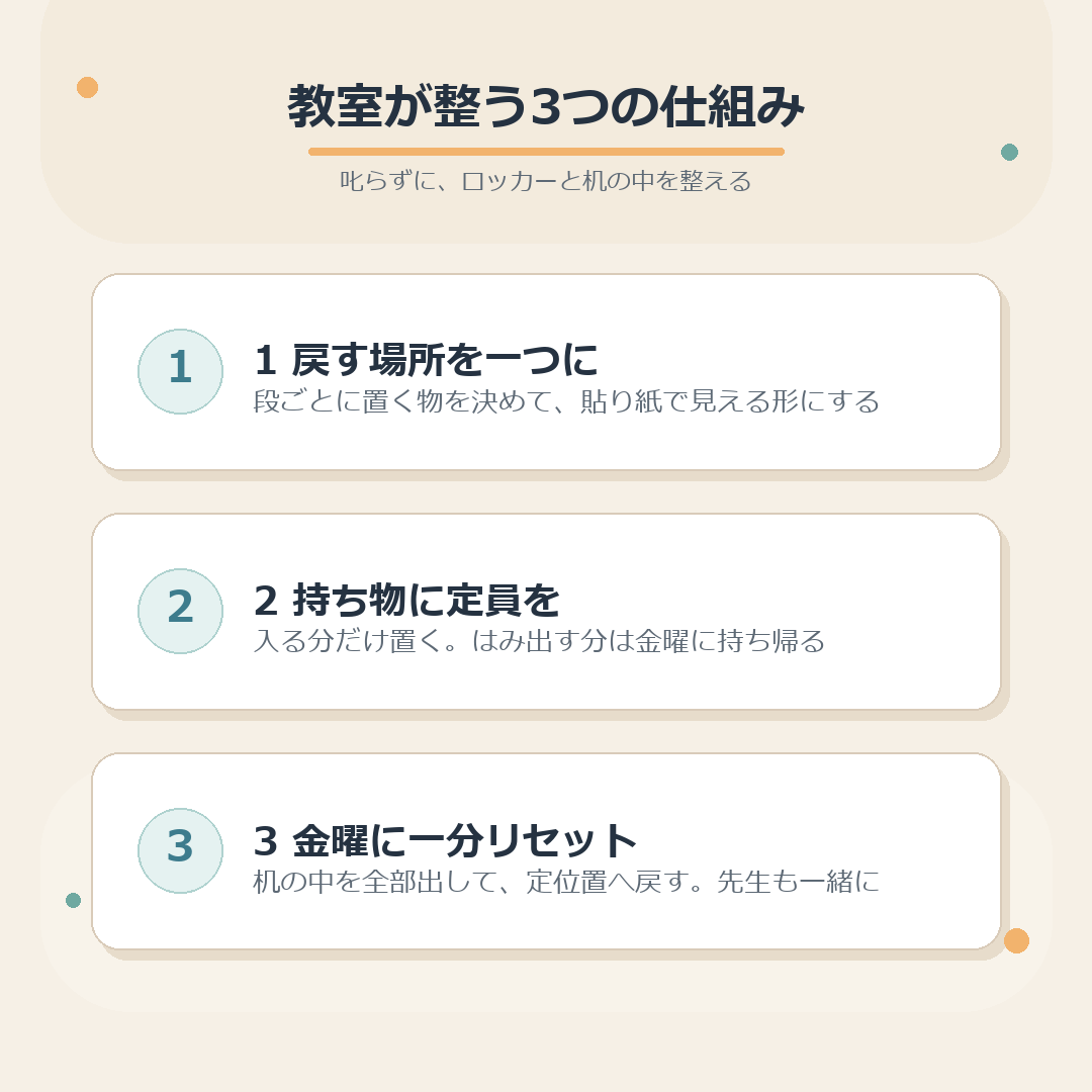 置き場所・定員・金曜の一分リセットでロッカーと机の中が整う流れのまとめ図